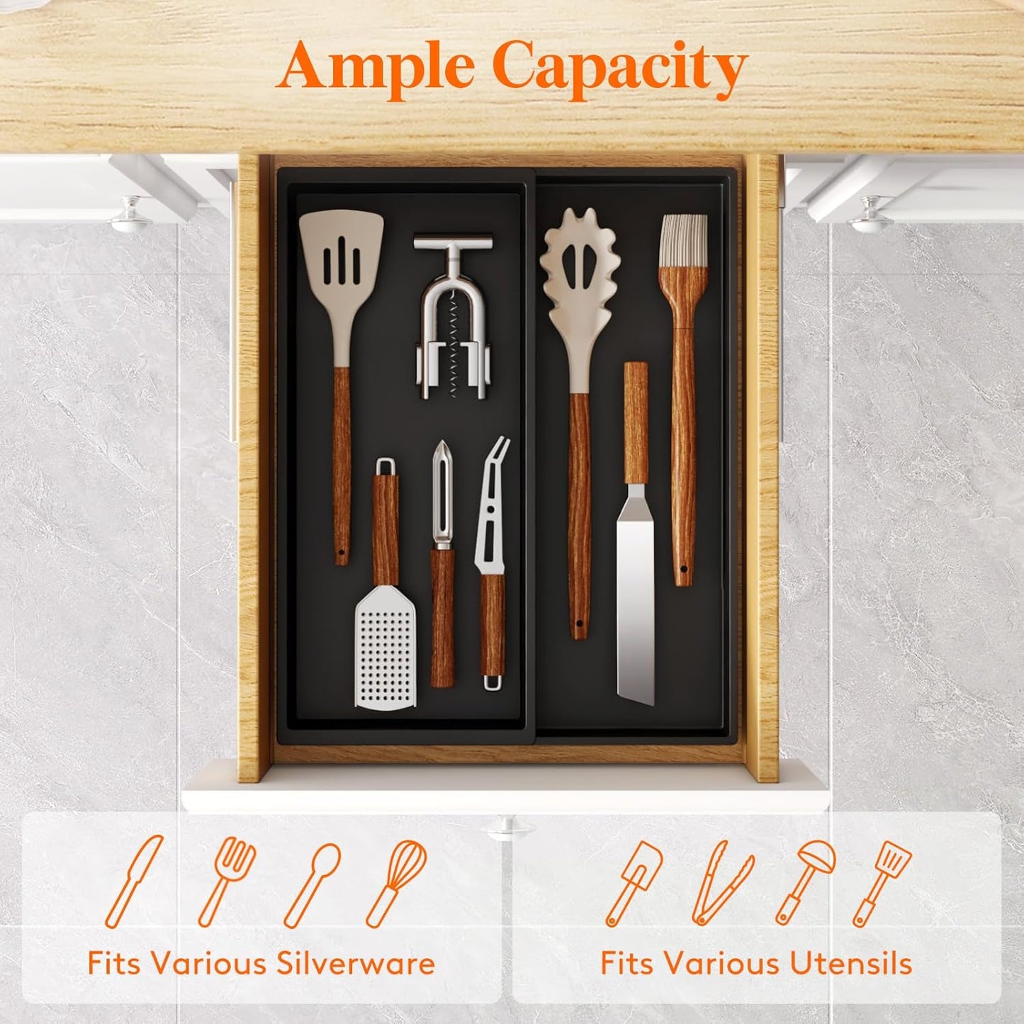 Lifewit Utensil Organizer for Kitchen Drawer, Expandable Cooking Silverware Tray, Adjustable Cutlery Flatware Holder, Plastic Spatula Tools Storage Divider, 14.4 x 15.8", Black