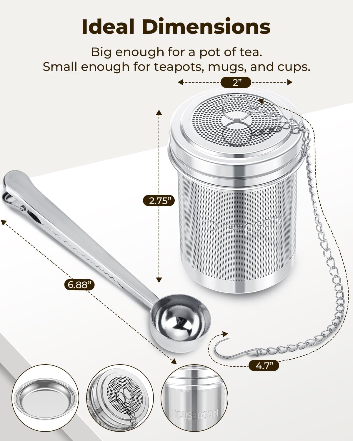 House Again Large Tea Infuser, Extra Fine Mesh Tea Strainers for Loose Tea, 18/8 Stainless Steel Tea Strainer with Extended Chain Hook, Tea Steeper for Brew Tea, Spices & Seasonings, for Multi Cups