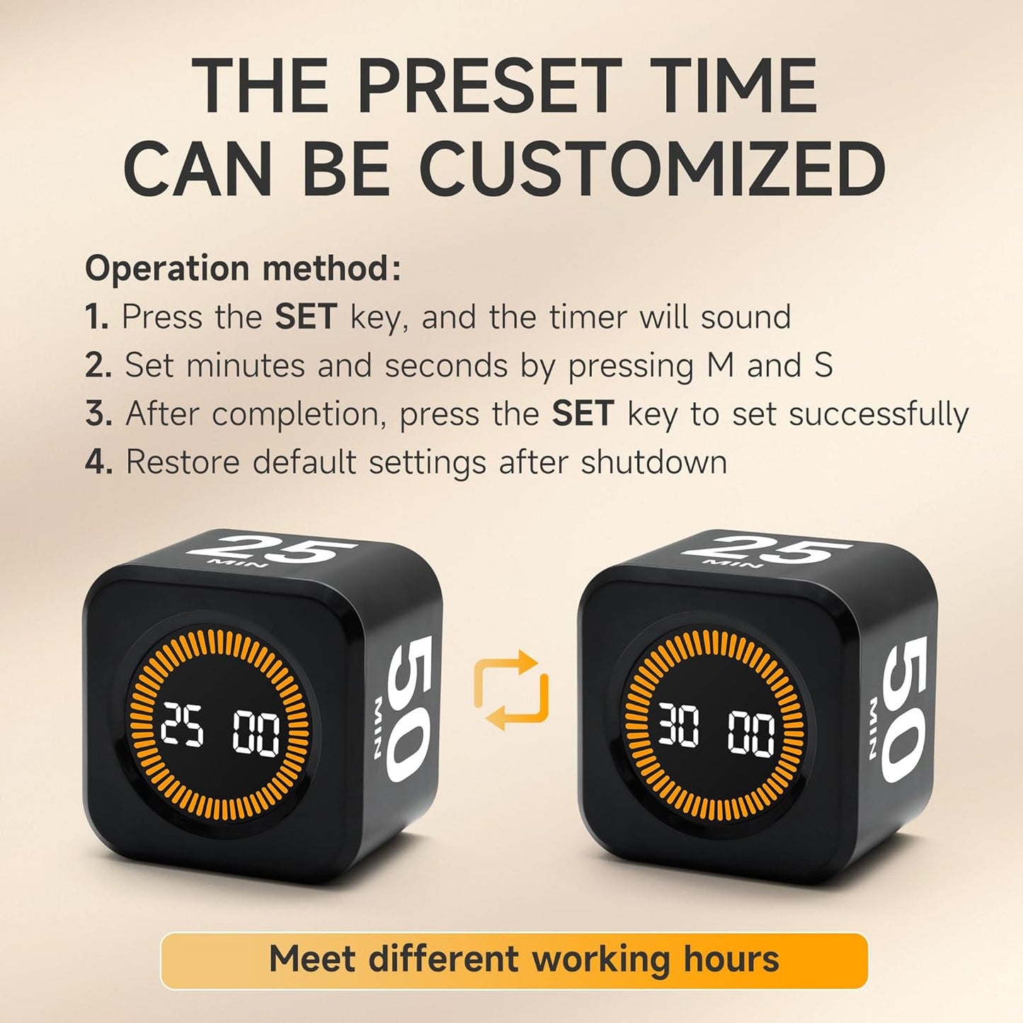 Rotating Productivity Timer 5, 25, 10, 50 Minutes Preset, Desk Cube w/Gravity Sensor for ADHD, Mute Functions, Ideal for Work, Study, Kitchen, Back to School (1, Wood Grain Finish)