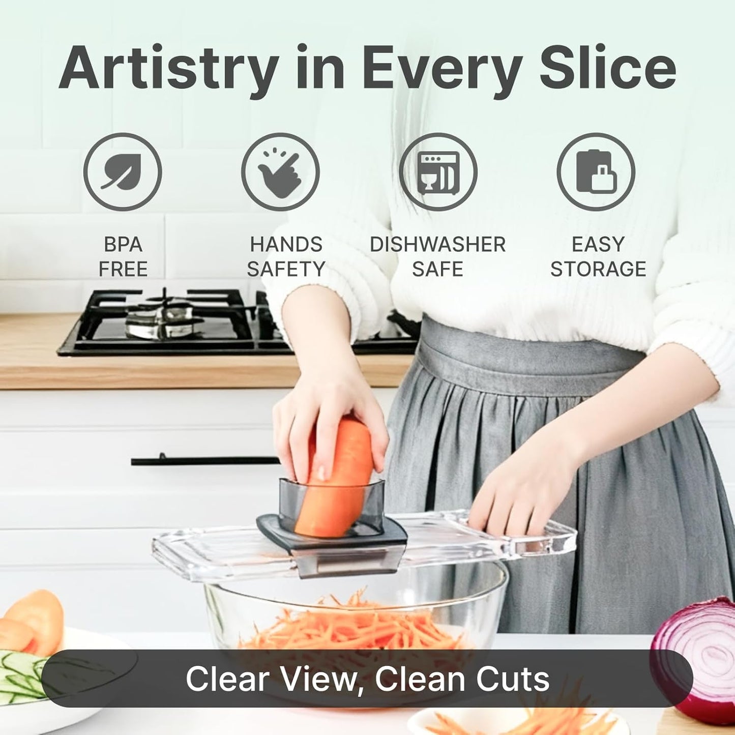 ZKIRON 6-in-1 Mandoline Slicer for Kitchen - Easy to Use Vegetable Chopper & Compact Julienne Slicer with Safe Guard & Crystal Clear Body - Handheld Food Slicer Cutter for Healthy Salad, Potato, Onion