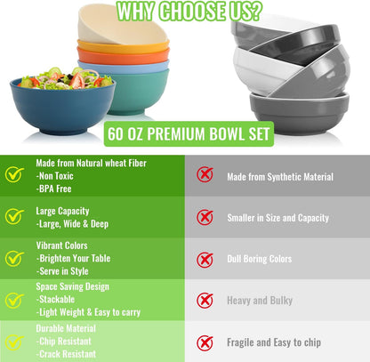 Wheat Straw Bowls Set with Lids, Unbreakable 40 OZ Cereal Bowls Set of 4, Salad Container for Lunch, Microwave & Dishwasher Safe Bowl Set for Kitchen, Picnic, RV, Camping, Multi