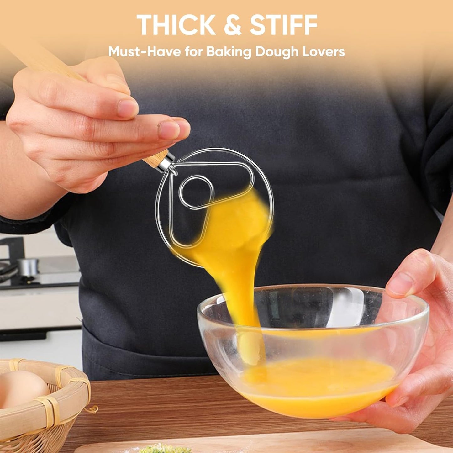 Maxjoy Danish Dough Whisk Wooden Dutch Bread Mixer with Stainless Steel Hook for Sourdough Baking Hand Tool