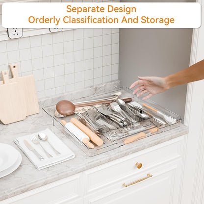 Yieach Acrylic Clear Expandable Kitchen Utensil Drawer Organizer and Silverware Organizer,BPA FREE Adjustable Silverware Tray for Drawer Cutlery,Spatula,Tools,Flatware Organizers,Fork and Spoon Holder