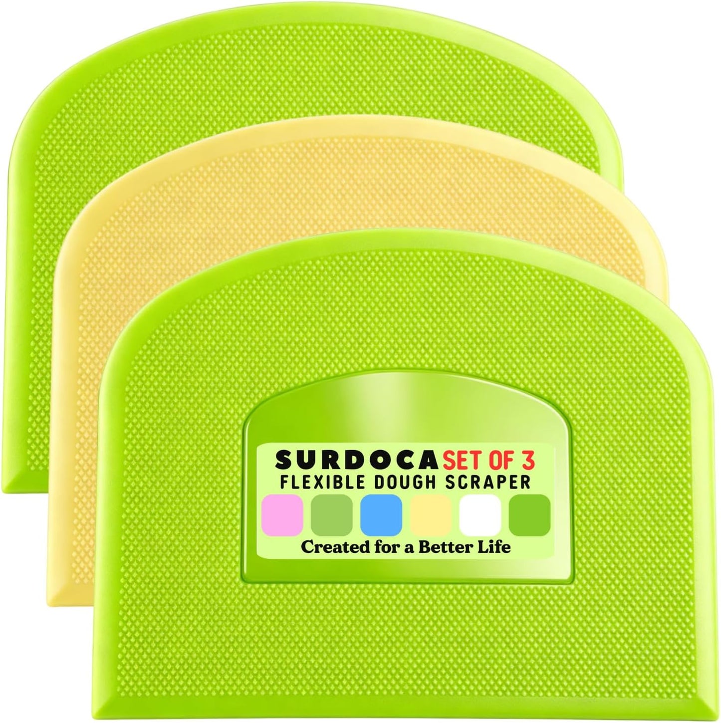SURDOCA Dough Scraper Bench Scraper - 3P 4.7x3.7" Plastic Flexible Bowl Scraper, Sharp Edge & Angles Cake Scraper. Non-Slip Bakeware Decorating Tools Sculpting & Modeling Tools - Green+White+Green - Colors B