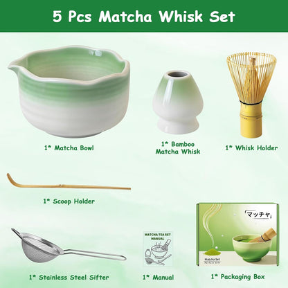 8 Pcs Matcha Whisk Set with Ceramic Bowl, Scoop Rest, Sifter, Tea Mat, Greeting Card, Whisk Holder, Bamboo Whisk and Scoop, Perfect Present for Friend Family Matcha Tea Lovers, Ceremony Kit
