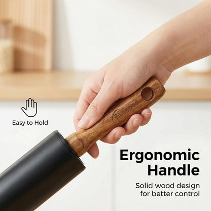 Stainless steel rolling pin by Tansucc, with wooden comfortable handle, non stick rolling pin for baking pastries, bread, and pizza.
