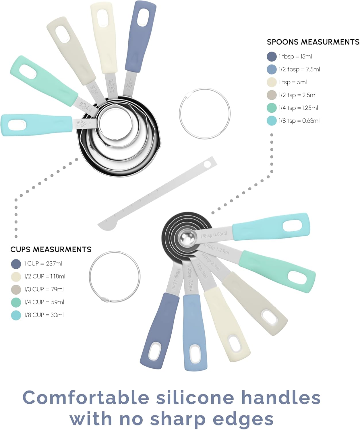 CuttleLab Measuring Cups and Measuring Spoons Set of 14 - Stainless Steel Measuring Cups and Spoons Set, Includes 1/8 Teaspoon Measuring Spoon, 1/8 Cup Measuring Cup, Leveler Dry (14, Country Chic)