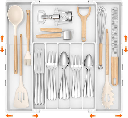 Lifewit Silverware Drawer Organizer, Expandable Utensil Tray for Kitchen, BPA Free Flatware and Cutlery Holder, Adjustable Plastic Storage for Spoons Forks Knives, 4-7 Slots, Black