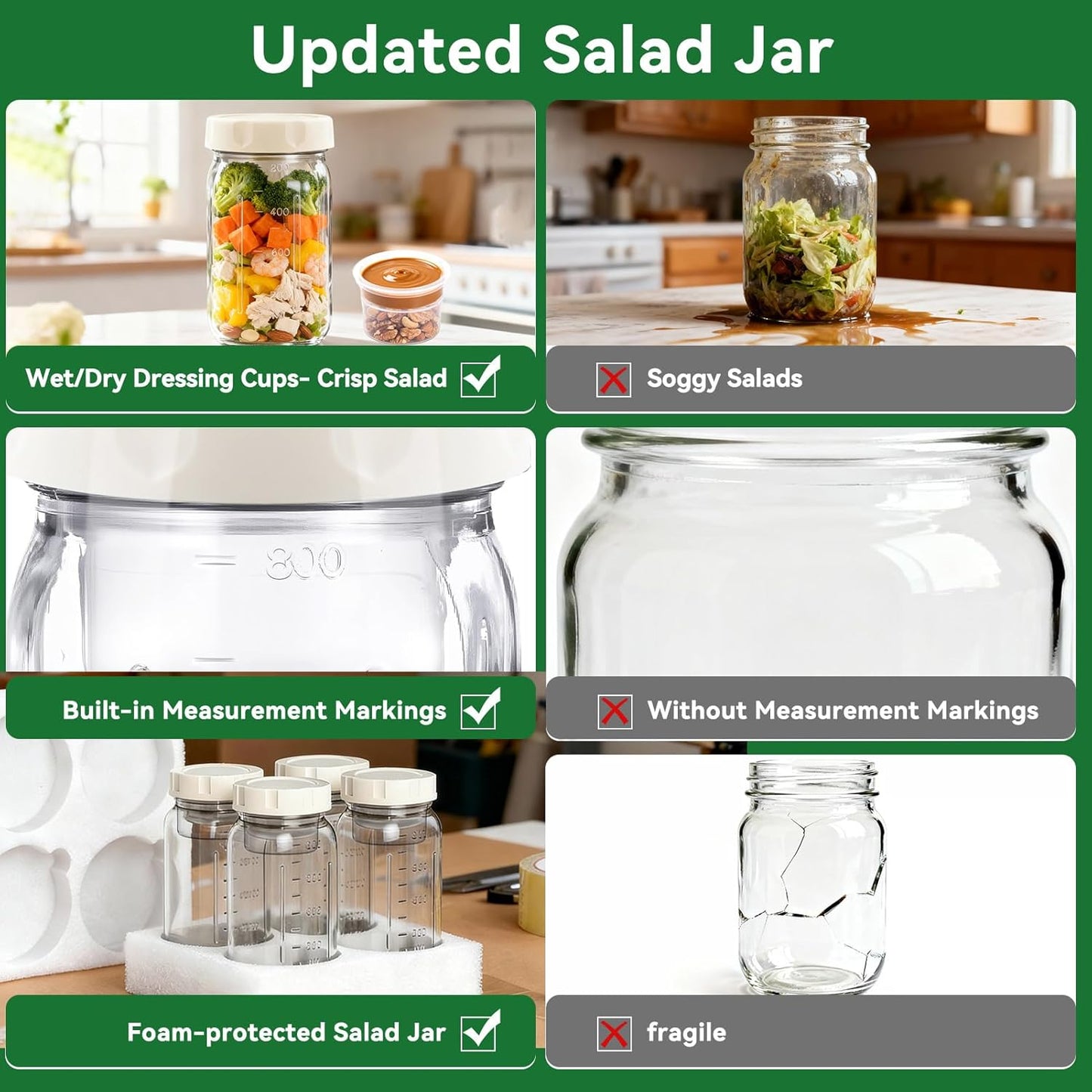 XLMYS 4 Pack Salad Jar, 32oz Salad Jars with Separate Wet/Dry Dressing Cup, Leakproof Salad Container for Lunch, Glass Food Storage for Home, Office and Outdoor