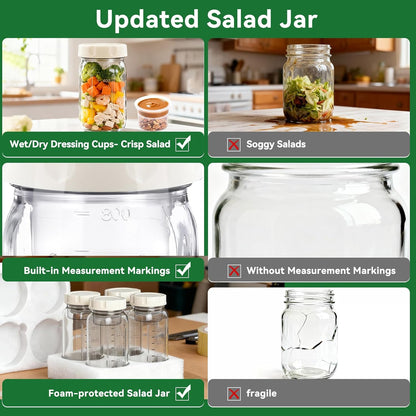XLMYS 4 Pack Salad Jar, 32oz Salad Jars with Separate Wet/Dry Dressing Cup, Leakproof Salad Container for Lunch, Glass Food Storage for Home, Office and Outdoor