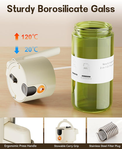 OURCABECUE Upgrade 2 in 1 Oil Sprayer for Cooking, 17oz Light-Blocking Glass Olive Oil Dispenser Bottle for Kitchen, Food-Grade Oil Mister with 8 Stickers for Salad, Frying (Green Bottle-Black Gap)