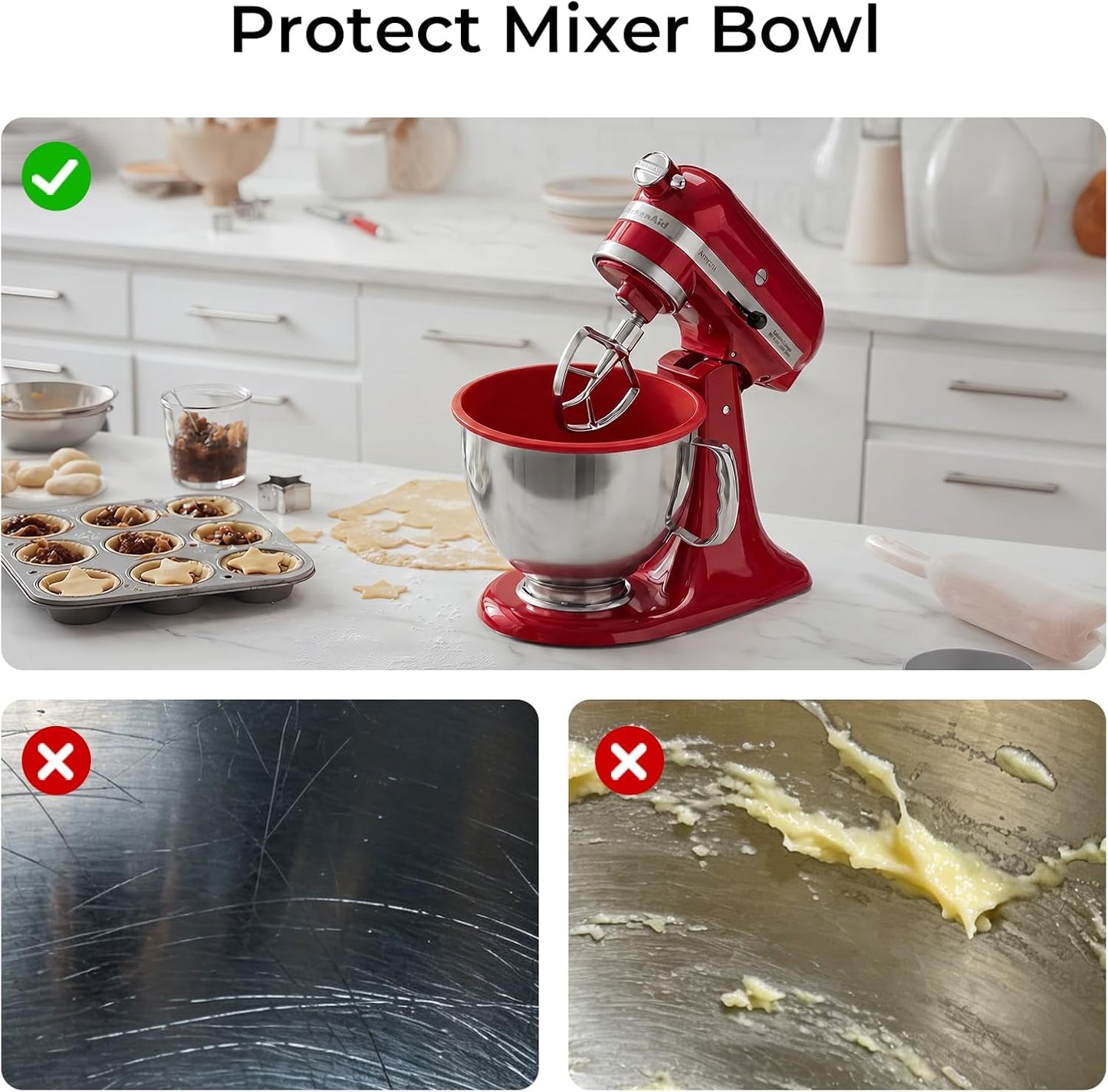 Ceruaxb Silicone Bowl Liners for KitchenAid 5 Qt Tilt-Head Stand Mixer, 3 Pack with Lids, Non-Stick Mixing Bowl Inserts, Food-Grade, Easy Clean, Ideal for Dough Proofing & Food Prep