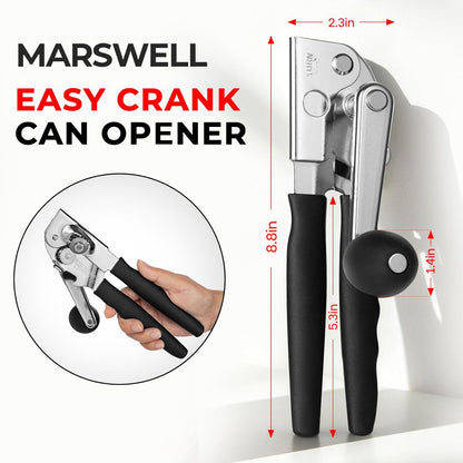 MARSWELL Heavy Duty Can Opener for Large Cans, Extra-Long Handles & Oversized Knob for Easy Cranking, Commercial Manual Hand Crank Opener Opens Big #10 Cans Smoothly, Strong All-Steel Construction