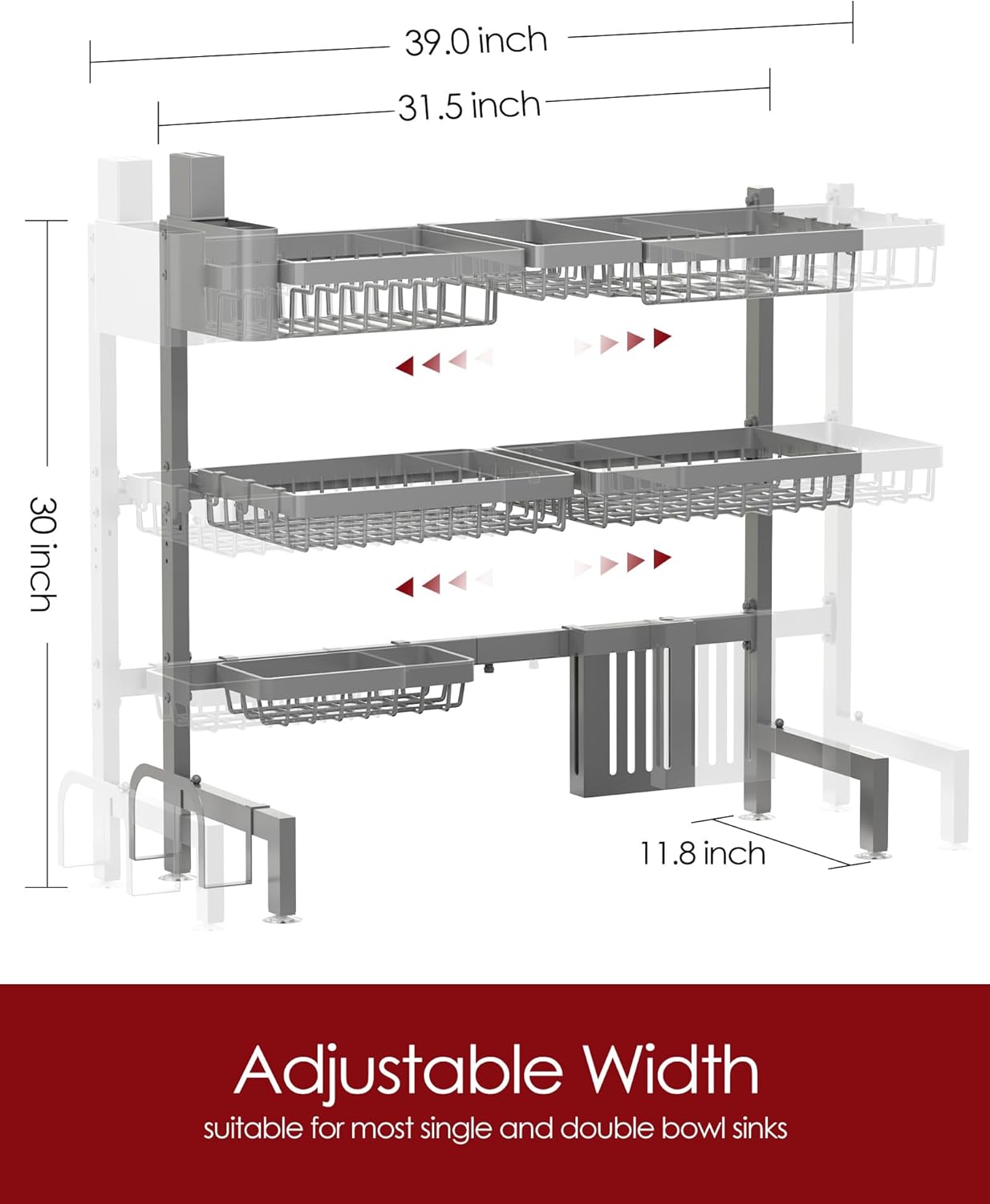Sakugi Over The Sink Dish Drying Rack, Expandable 2-Tier Stainless Steel Kitchen Storage Organization Accessories for Countertop, Rustproof & Space-Saving, 30"–34.5" L x 12" W x 25" H, Black