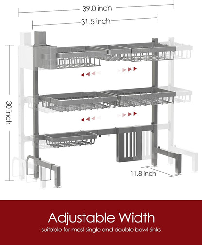 Sakugi Over The Sink Dish Drying Rack, Expandable 2-Tier Stainless Steel Kitchen Storage Organization Accessories for Countertop, Rustproof & Space-Saving, 30"–34.5" L x 12" W x 25" H, Black