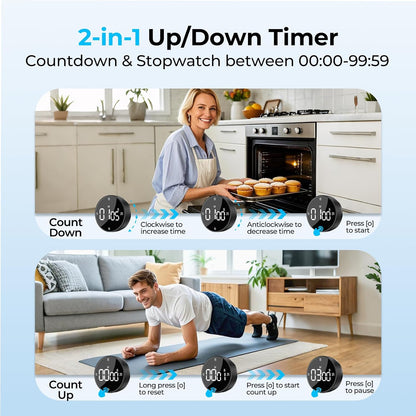 Digital Magnetic Kitchen Timer for Cooking, Large LED Visual Countdown Timer, Rotating Dial Pomodoro Focus Timer, Adjustable Volume, 5/15/25 Min Presets for Kids, Teachers, Seniors