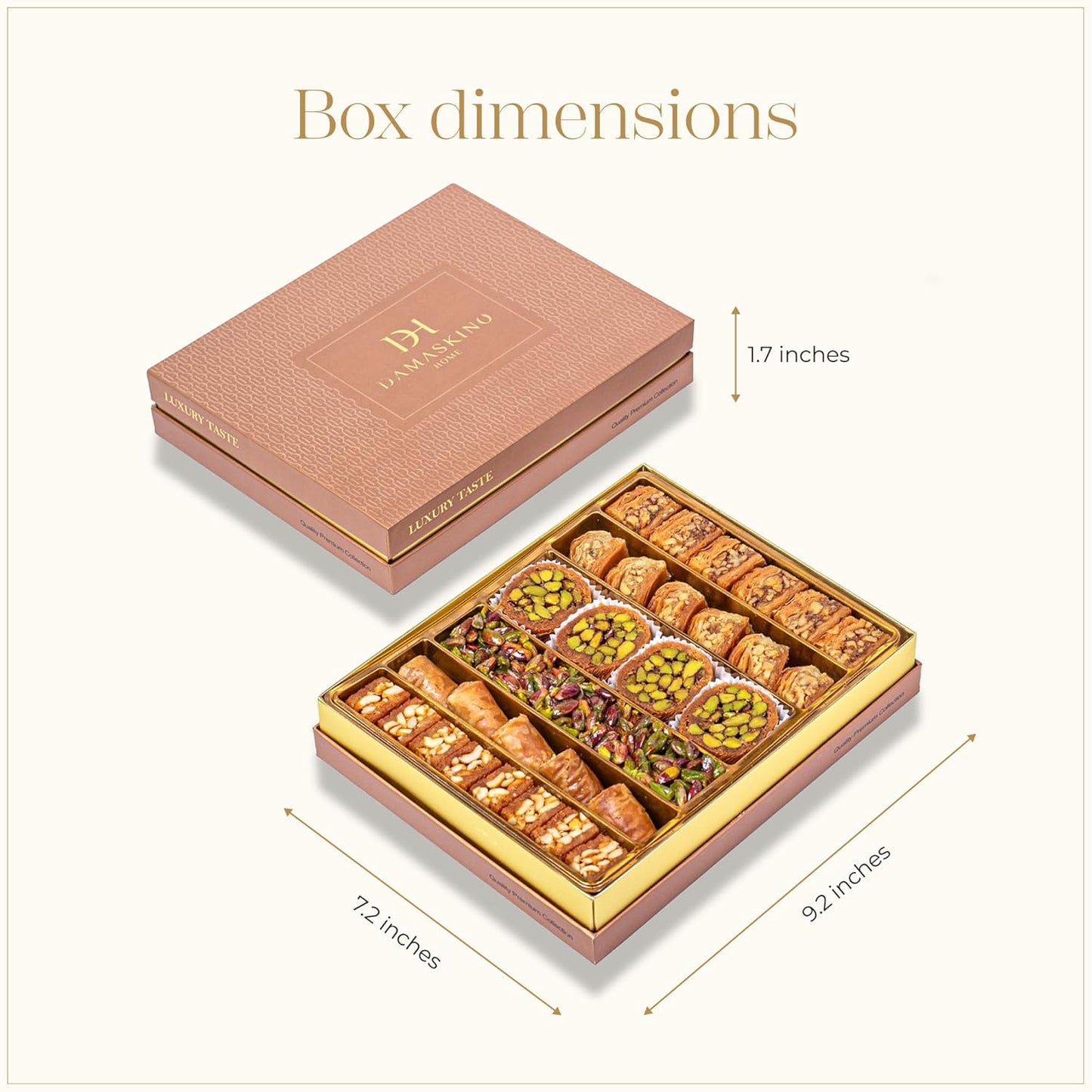 Damaskino Home Assorted Turkish Baklava Gift Box – 1.1lb (500g) 35 Pieces – Traditional Pistachio Baklava Pastry with Walnut & Cashew Fillings – Authentic Middle Eastern Sweets – Pistachio Gift Box