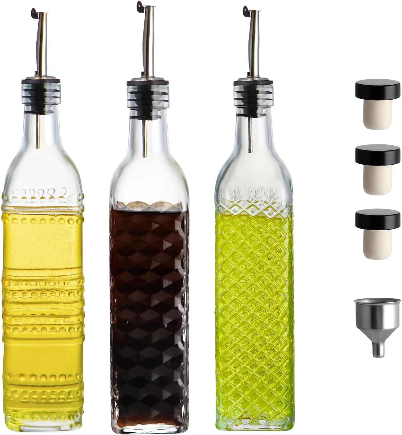 MDLUU Oil and Vinegar Dispenser Set, 17oz Clear Glass Olive Oil Bottles, Kitchen Vinegar Decanters with 3 Spouts, 3 Plugs, 1 Funnel, Pack of 3