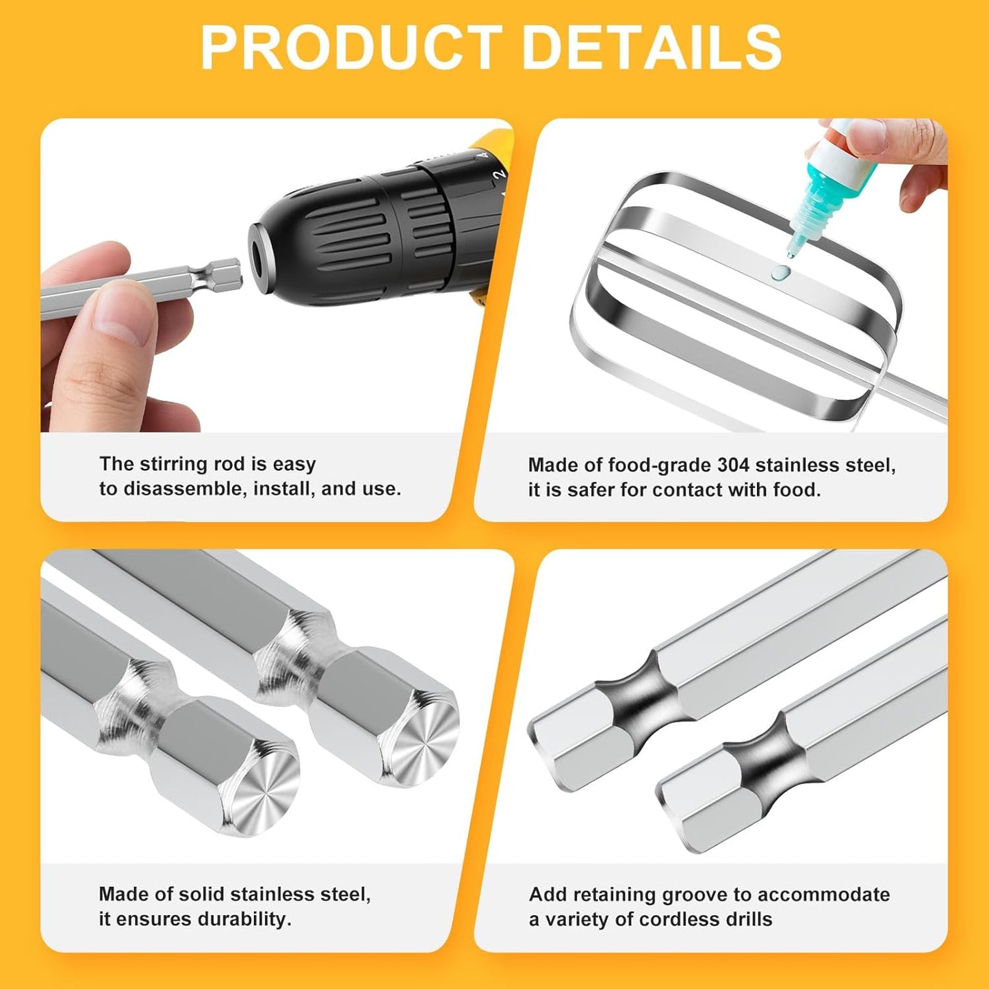 homicozy 3-Piece Stainless Steel Hand Mixer Attachment Set - Whisk, Dough Hook, Egg Beater for Drills - Dishwasher Safe, 9.8 Inch (Drill Not Included) (9.8inch)
