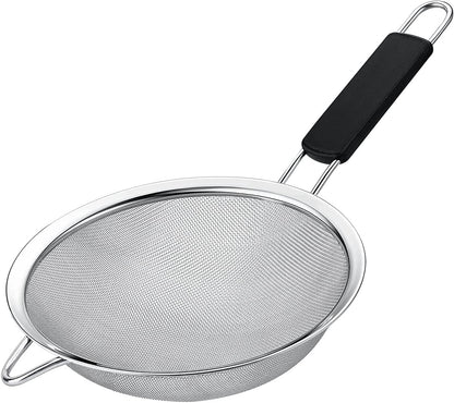 Fine Mesh Strainer with thermo plastic rubber handle - Sieve Fine Mesh Stainless Steel - Ideal to Sift Flour, Icing Sugar, Fruits and Vegetables (6.3 Inches)