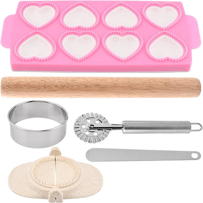 Ravioli Maker Press Ravioli Press Mold Set Heart Ravioli-Stamp Maker Cutter with Wood Rolling Pin, 2.6" Empanada Maker-Press Kit and Ravioli-Wheel, Ravioli-Stamp Making Tools