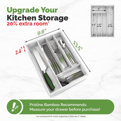 Pristine Bamboo Silverware Organizer - Small Extra-Deep Wooden Kitchen Drawer Organizer Divider for Spoons, Forks, Knives & Cutleries - 5 Slots