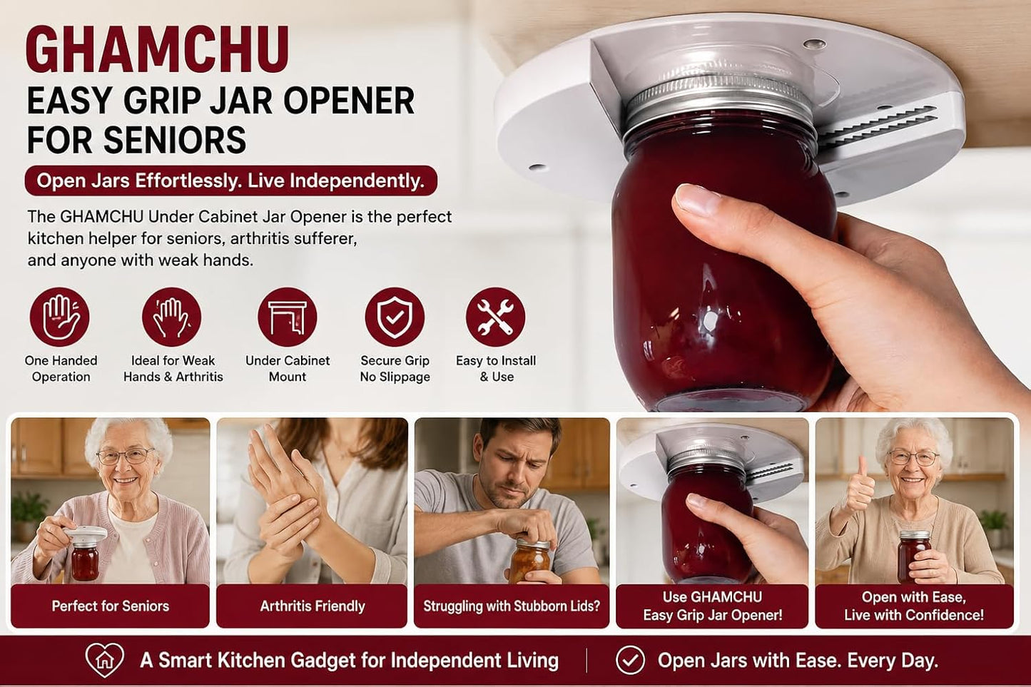 1 Pack Easy Grip Jar Opener for Seniors - Under Cabinet Jar Openers for Weak Hands, Arthritis jar opener, One Handed Gadgets & Bottle Opener - Kitchen Gadgets for Home Assistance