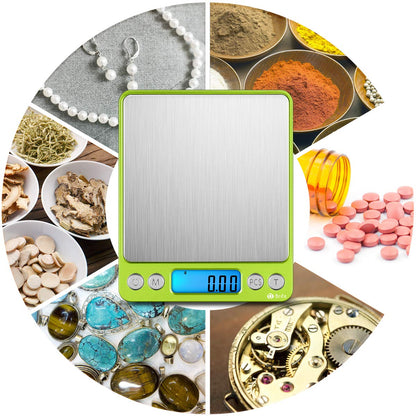 (Upgraded) AMIR Digital Kitchen Scale, 500g Mini Pocket Jewelry Scale, Food Scale, Coffee Scale, Back-Lit LCD Display, 2 Trays, 6 Units, Auto Off, Tare, PCS, Stainless Steel (Batteries Included)