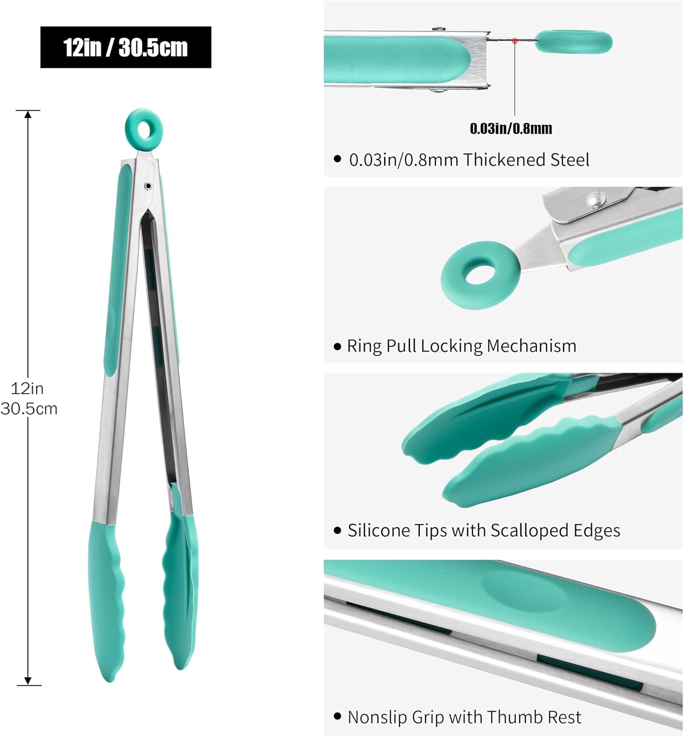 Doosu Kitchen Tongs for Cooking - 600°F Heat Resistant Food Tong Set with Non-Scratch Silicone Tips, Heavy Duty Stainless Steel Locking Tong for BBQ, Grilling Steak, Serving (7+9+12in, Navy Blue)