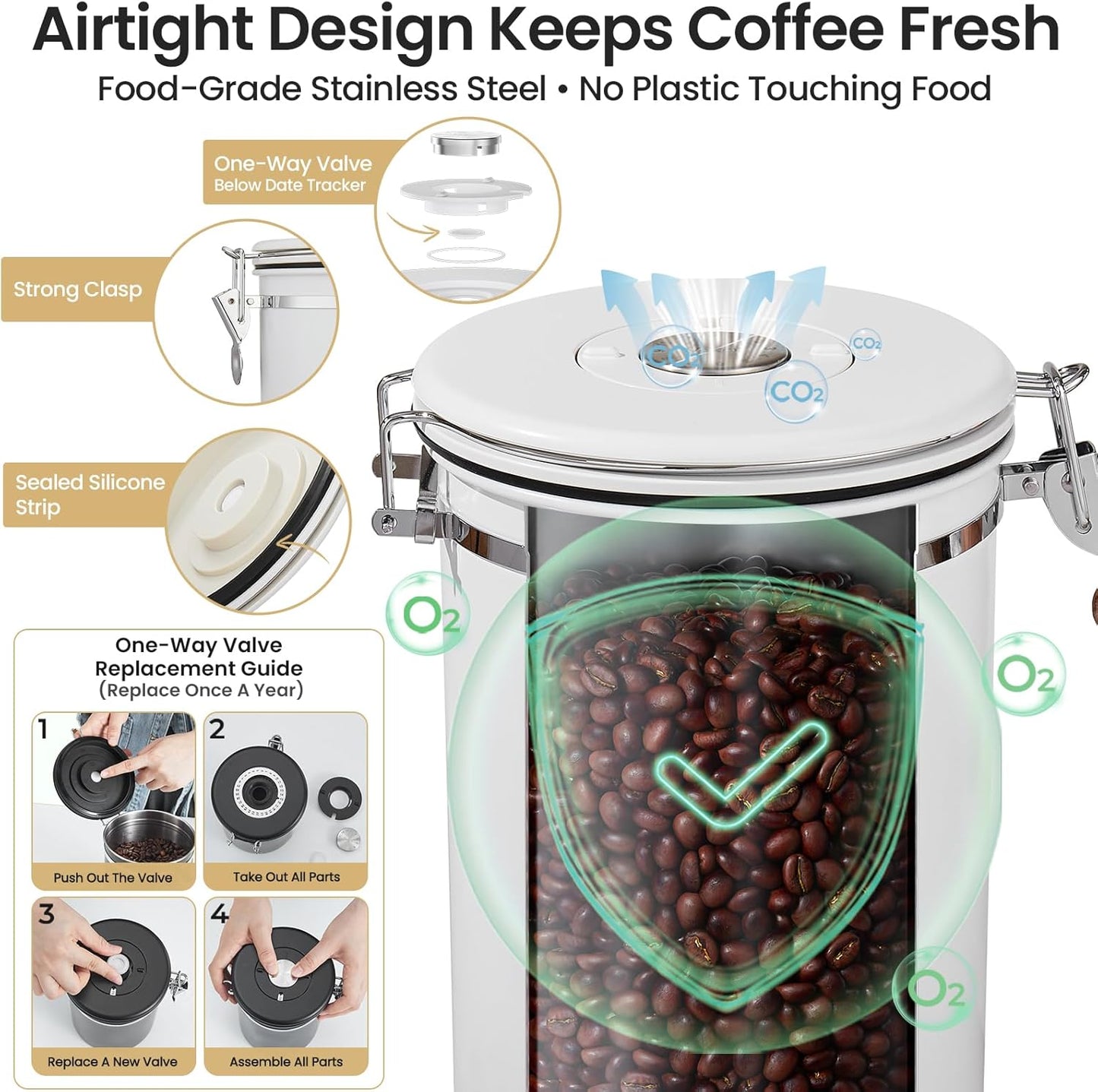 Veken Coffee Canister, Airtight Stainless Steel Kitchen Food Storage Container with Date Tracker and Scoop for Beans, Grounds, Tea, Flour, Cereal, Sugar, Cookie, 16OZ, Cream