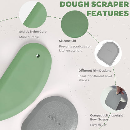 Bowl Scraper Dough Scraper Tool - Set of 2 Silicone Bench Scraper for Baking, Kitchen Pastry Scraper for Bread, Cake, Batter, cheese, Cream, Honey, Jam, Food Scraper with Curved Edge, Blue & Grey