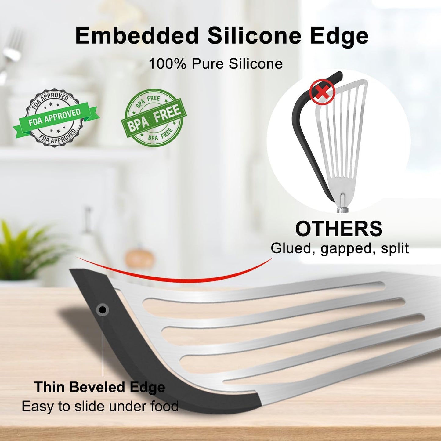 Silicone Fish Spatula Set of 2, Fish Spatulas for Nonstick Cookware with Heat Resistant Silicone Edge and Handle, Kitchen Flexible Slotted Turner for Cooking Egg, Pancake (Black)