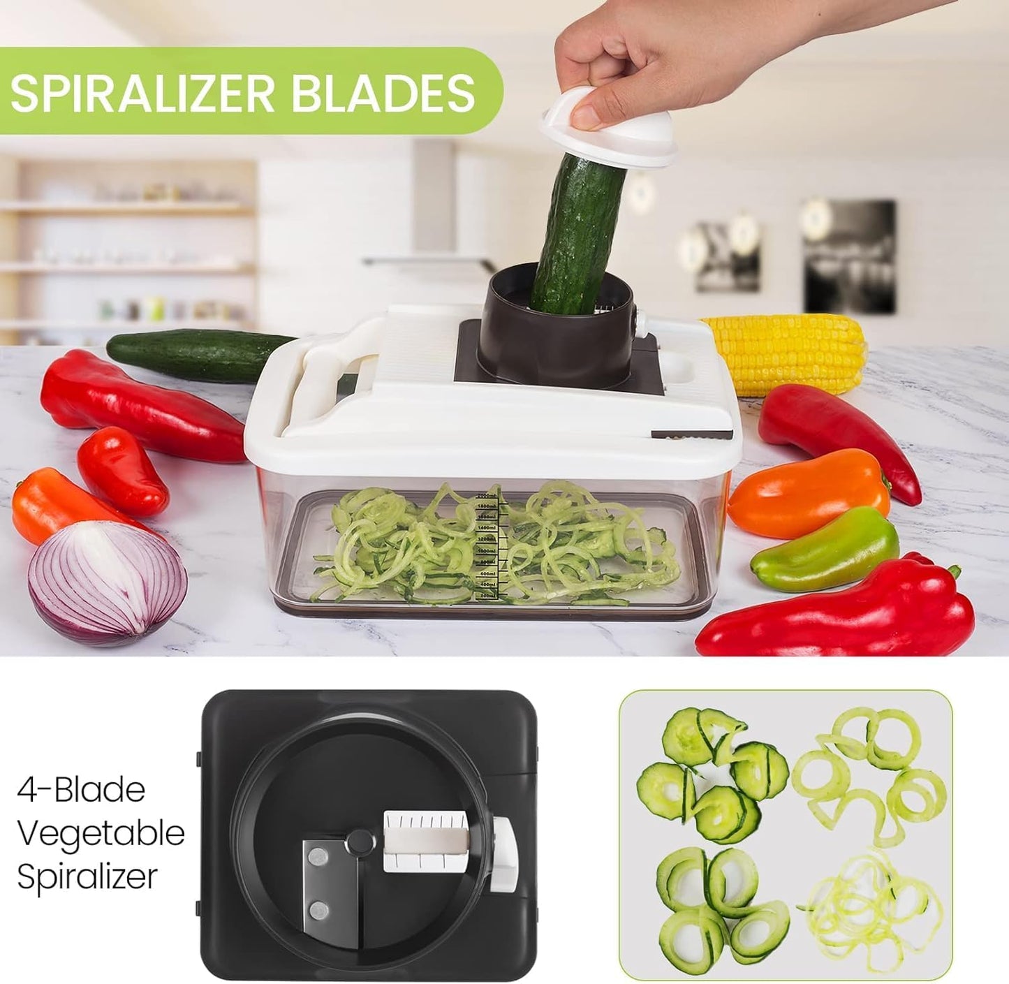 RüK Vegetable Chopper Slicer Onion Dicer, Multi 22-in-1 Veggie Mandoline Food Cutter for Tomato Fruit with Lemon Squeezer, E-Recipe, 11 Blades, Egg Separator & Slicer, Container