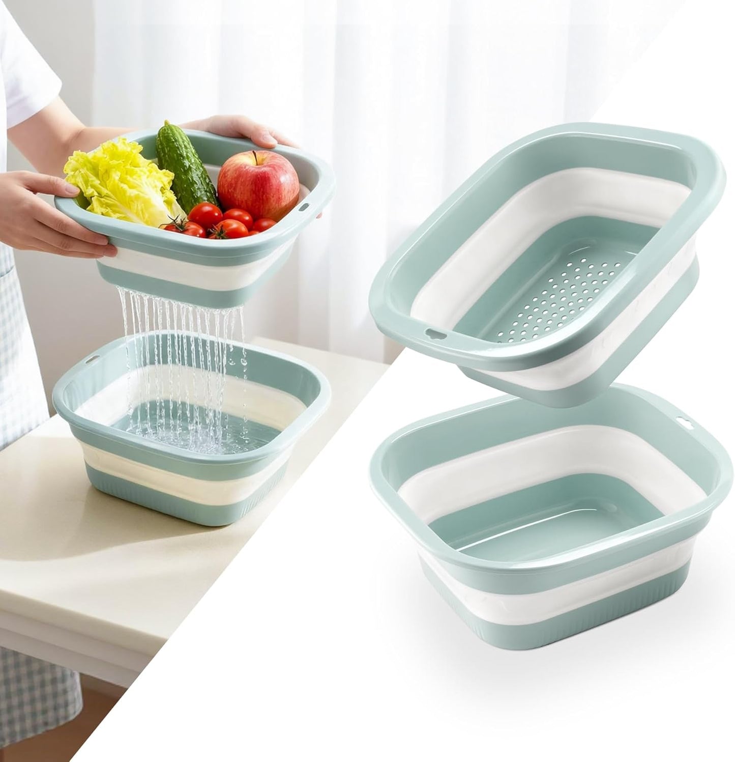 SINGARO 1.5 Gal (5.5L) Collapsible Dish Basin with Drain Basket Colanders, Multiuse Double-Layer Foldable Strainers Sink Tub, Collapsible Wash Basin Pan, Plastic Tubs, Dishpan, Kitchen Sink, Green