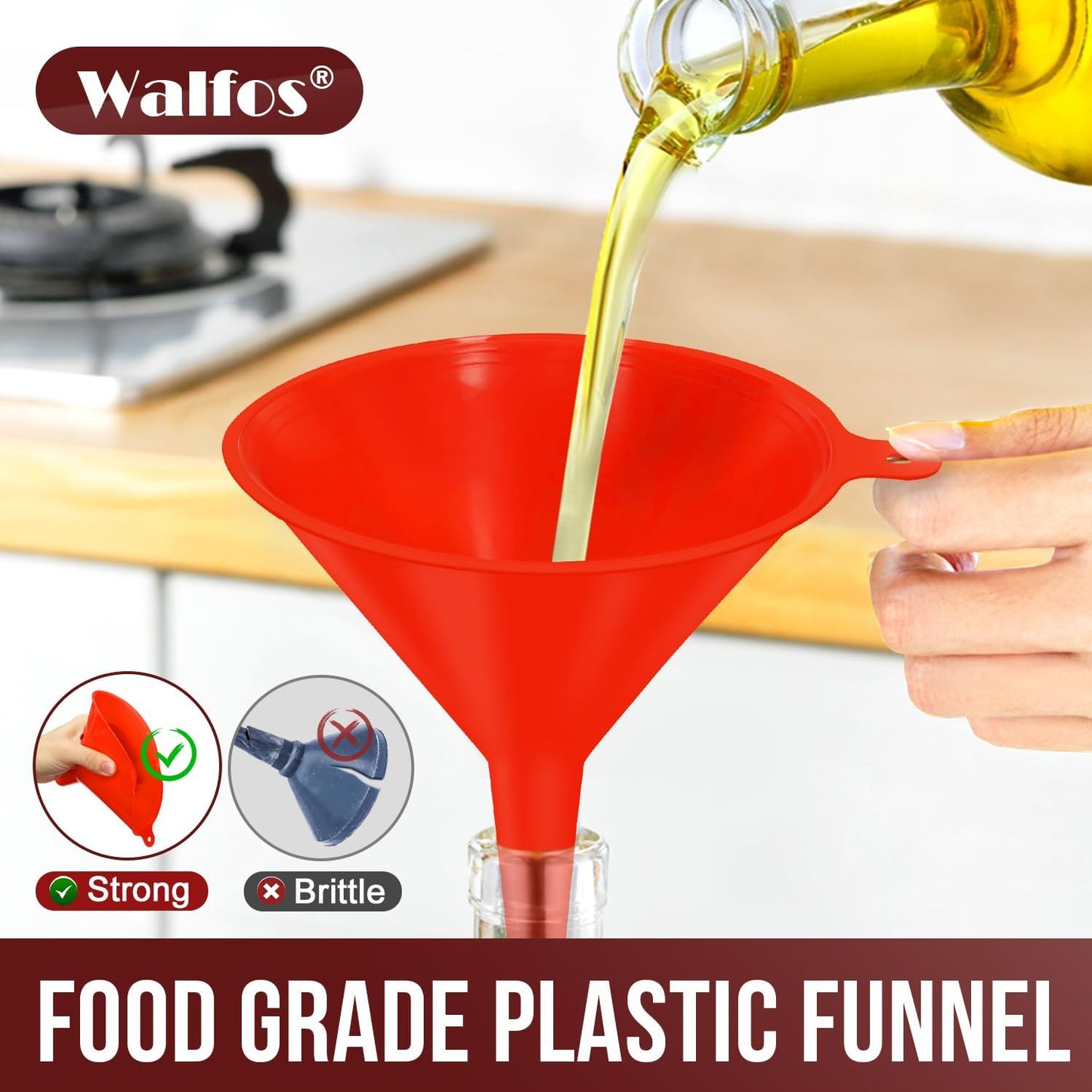 Stainless Steel Funnel, Walfos 3 Pack Kitchen Funnel with 2 Removable Strainer ＆ 1Pcs Cleaning Brush, Perfect for Transferring of Liquid, Oils, Jam, Dry Ingredients & Powder