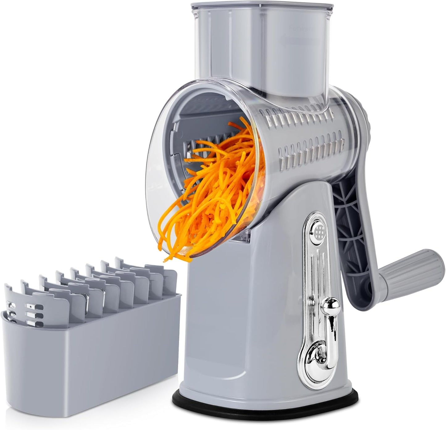 SUSTEAS Rotary Cheese Grater with Handle - Vegetable Shredder with 5 Well-designed Blades & Strong Suction Base,Round Mandoline Slicer & Food Chopper for Kitchen,with Blade Storage Box(Beige)