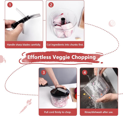 Manual Food Processor 1000ML Large Capacity Pull String Vegetable Chopper Onion Cutter for Salsa Nuts Pesto Herbs Easy to Clean Kitchen Gadget Black