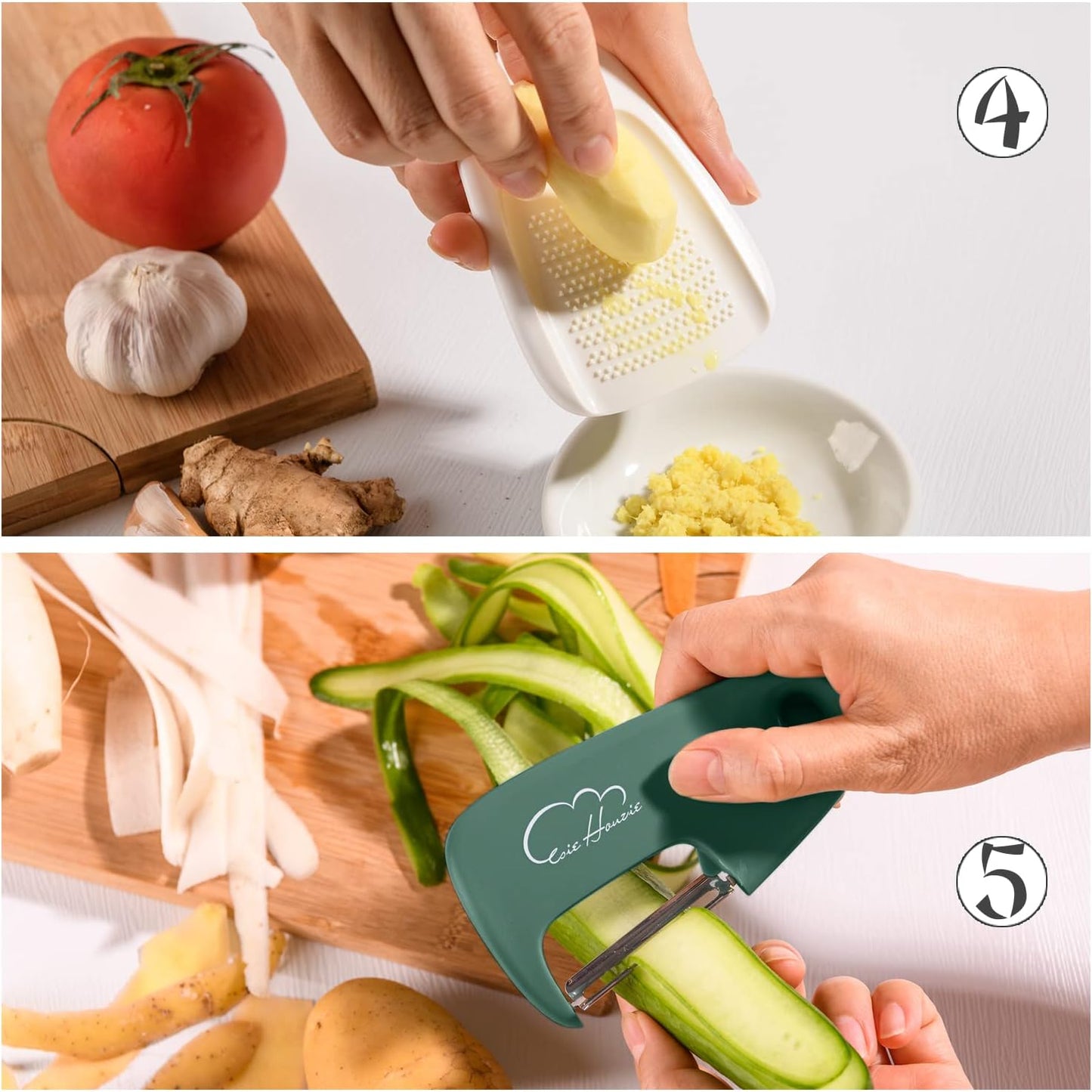 Kitchen Gadgets Set 5 Pieces, Space Saving Cooking Tools Kitchen Accessories - Fruit/Vegetable Peeler, Cheese/Chocolate Grater, Bottle Opener, Pizza Cutter, Garlic/Ginger Grinder Gift Set (Black)