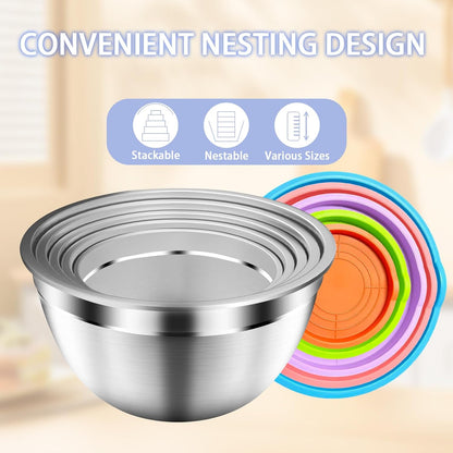 Mixing Bowls with Airtight Lids Set, 5 PCS Stainless Steel Khaki Nesting Bowls for Kitchen, Large Prep Metal Mixing Bowls for Kitchen, 5.5/4/3.5/2/1.5 QT for Mixing & Serving