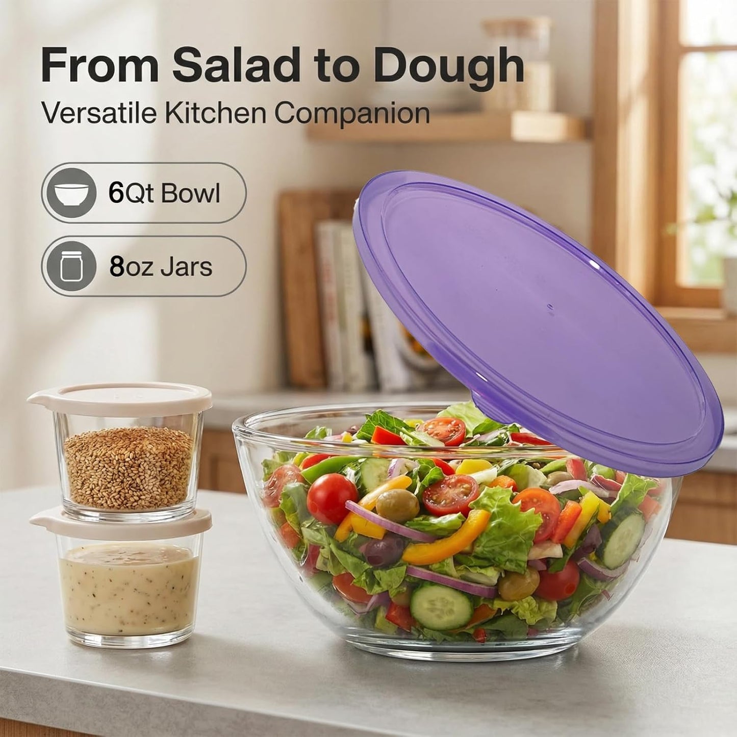 6QT Extra Large Glass Mixing Bowls Clear Glass Salad Cooking Bowls for Kitchen Salad Bread Storage with 8oz Small Bowls,Ideal for Kitchen Storage ﻿
