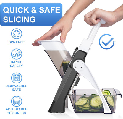 QYKIC Safe Mandoline Slicer 5 in 1 Vegetable Chopper Food Potato Cutter, Strips Julienne Dicer Adjustable Thickness 0.1-8 mm Kitchen Chopping Artifact Fast Meal Prep