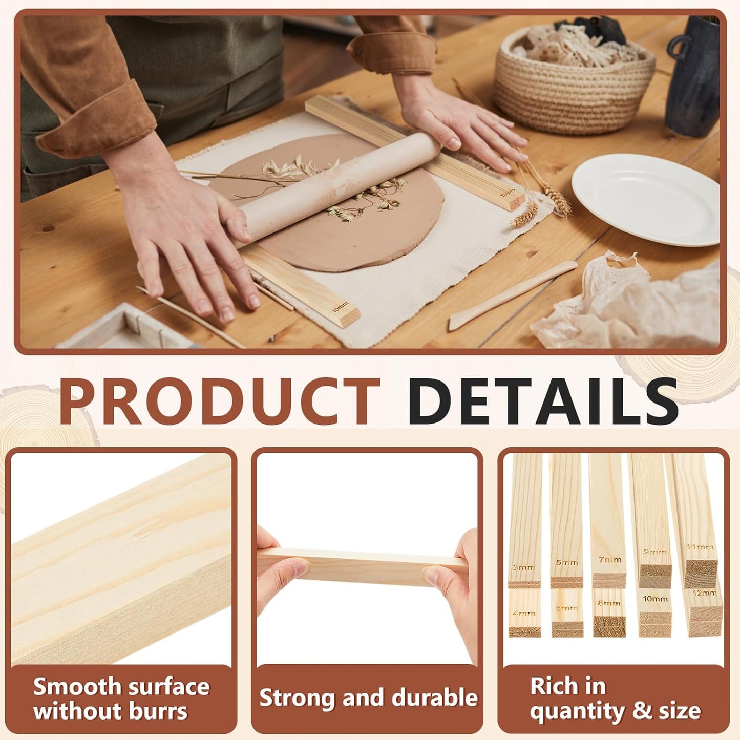 Sasylvia 10 Pcs Pottery Rolling Pin Guides Wood Teaching Rolling Mud Stick Guide Set Polymer Clay Depth Guide Pottery Tools Clay Mudboard Tools (5 Size,Wood Color)