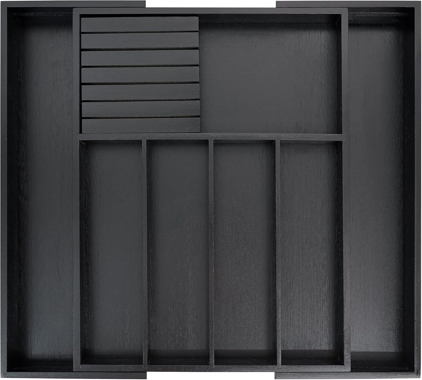 VaeFae Bamboo Silverware Drawer Organizer Kitchen, Expandable Utensil Organizer with Knife Block, Cutlery Tray with Divider, Multifunctional Drawer Organizer (Black)