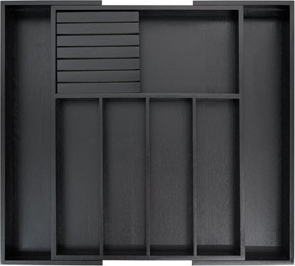 VaeFae Bamboo Silverware Drawer Organizer Kitchen, Expandable Utensil Organizer with Knife Block, Cutlery Tray with Divider, Multifunctional Drawer Organizer (Black)