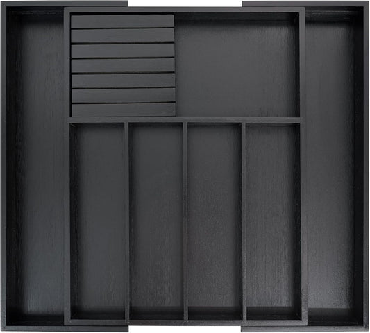 VaeFae Bamboo Silverware Drawer Organizer Kitchen, Expandable Utensil Organizer with Knife Block, Cutlery Tray with Divider, Multifunctional Drawer Organizer (Black)