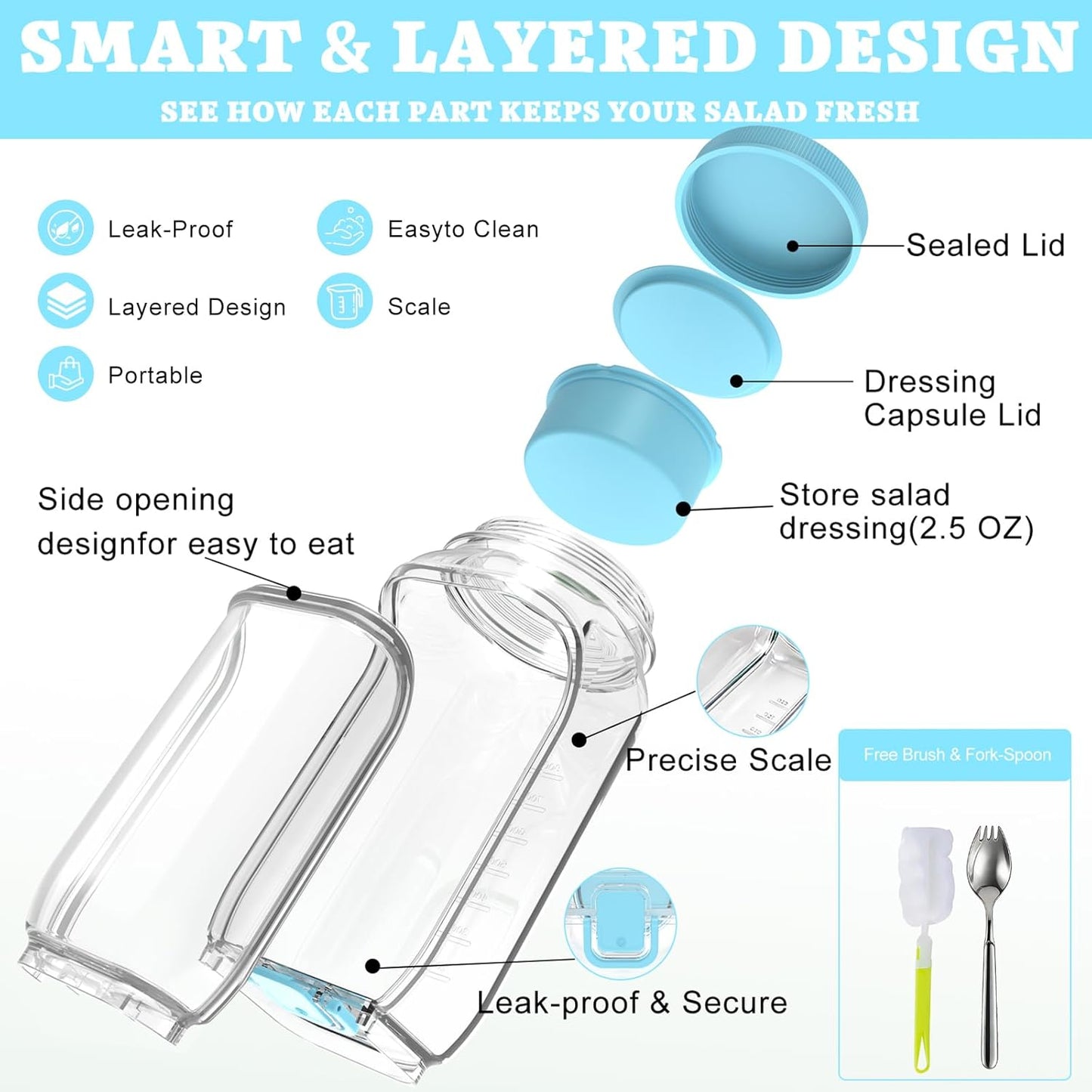 FNHMSL Side-Opening Mason Salad Jar, Portable (35 oZ) 1000ml Salad Container with Leakproof Dressing Cup, Includes Spoon and Cleaning Brush, Perfect for Meal Prep, Gym, Office, Picnic and Travel