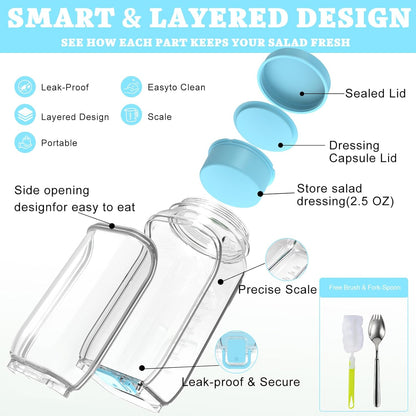 FNHMSL Side-Opening Mason Salad Jar, Portable (35 oZ) 1000ml Salad Container with Leakproof Dressing Cup, Includes Spoon and Cleaning Brush, Perfect for Meal Prep, Gym, Office, Picnic and Travel