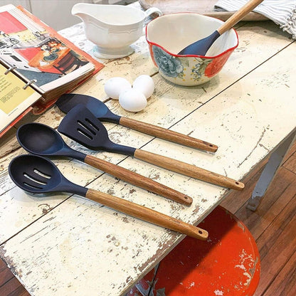 Kitchen Utensils Set, Silicone Cooking Utensils Set,Non-Stick Silicone Spatula Set with Natural Acacia Hard Wood Handle, 5 Piece, Upgraded Thickened Cookware