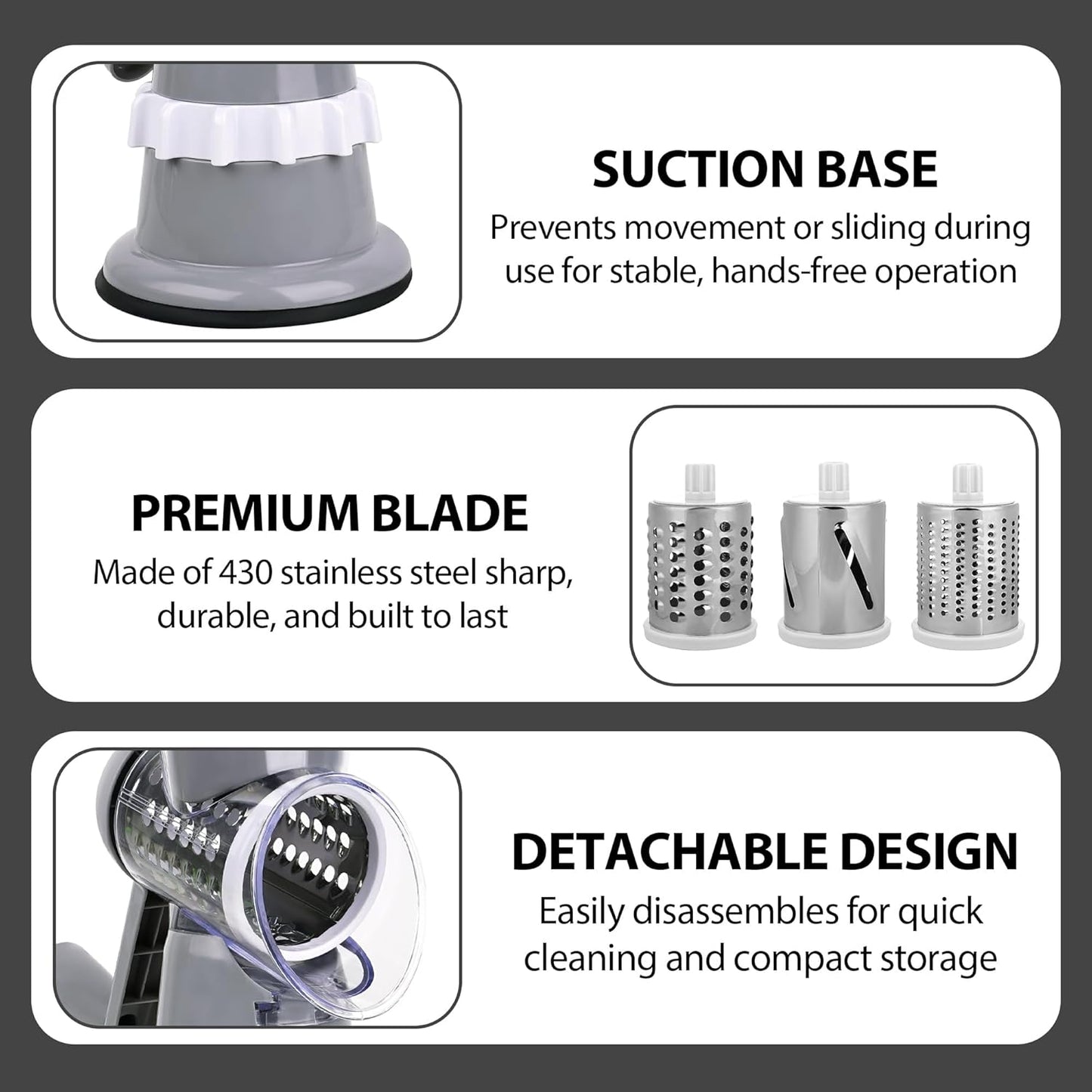 Rotary Cheese Grater Hand Crank with Peeler, Cheese Shredder with 3 Stainless Steel Changeable Blades, Kitchen Food Slicer with Non-Slip Suction Base for Cheese Fruit Vegetables Nuts (Gray)