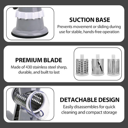 Rotary Cheese Grater Hand Crank with Peeler, Cheese Shredder with 3 Stainless Steel Changeable Blades, Kitchen Food Slicer with Non-Slip Suction Base for Cheese Fruit Vegetables Nuts (Gray)